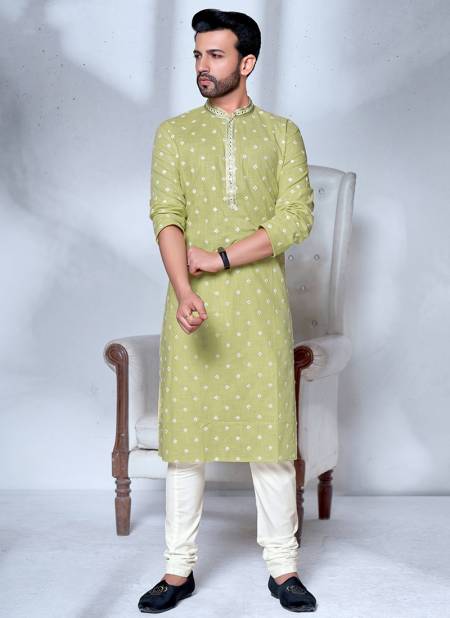 Pista Green Colour Vog New Exclusive Fancy Festive Wear Cotton Embroidery Kurta Pajama Mens Collection VOG-KP-6